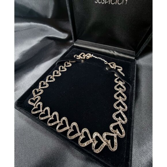 Vintage 1990s Marcasite Sterling Silver 925 Heart Link Necklace - Picture 1 of 6